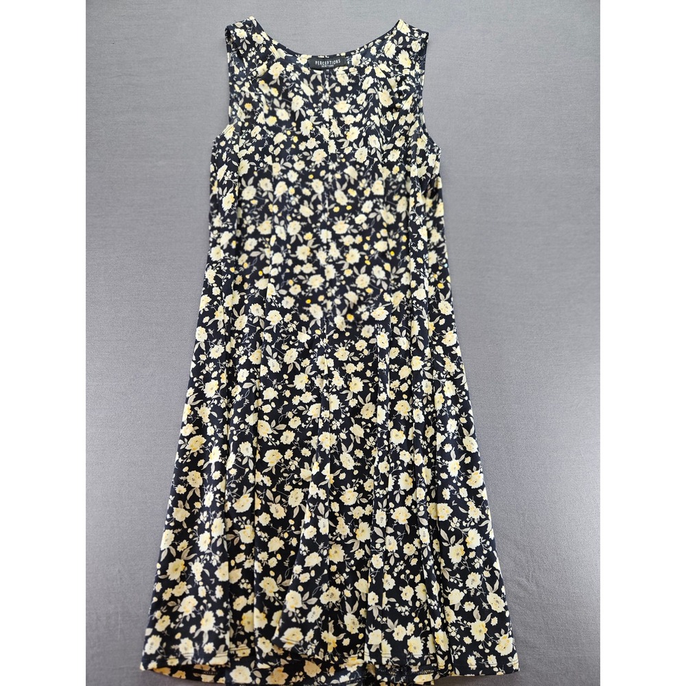Perceptions New York Floral Sleeveless Midi Dress Navy Blue Yellow White Size 14